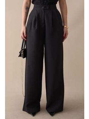 inStyle Çift Düğmeli Bol Paça Siyah Pantolon Krep Kumaşlı Şık Tasarım Özellikli