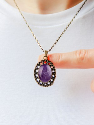 Esha Store Doğal Taş Ametist Doğal Taşlı Kadın Antik Kolye EUK34AMT