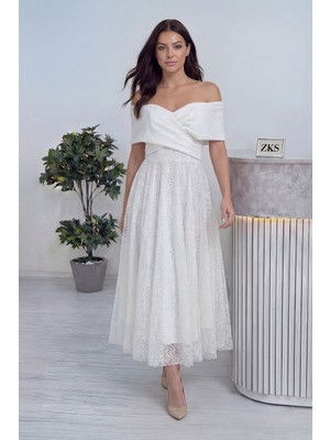 Zks Grup Tekstil-Kadın Düşük Omuz Pullu Midi Boy Abiye Elbise Saks, Beyaz,siyah, Kırmızı