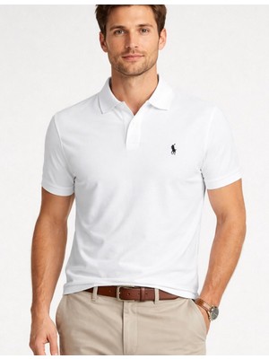 Aura Boutique Moda Erkek Beyaz Polo Yaka Kısa Kollu Basic Tişört – Nakış Logo Detaylı Pamuklu Şık Günlük Polo T-Shirt