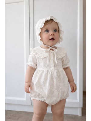 2kids2mom Kız Bebek Uzun Kollu Şapkalı Güpür Işlemeli Çıtçıtlı Romper Badi Ikili Set