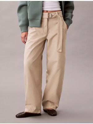 Calvin Klein Kadın Yüksek Bel Geniş Paça Belde Kemer Detay Dokuma Kumaş Krem Pantolon LV044E619G-2F2