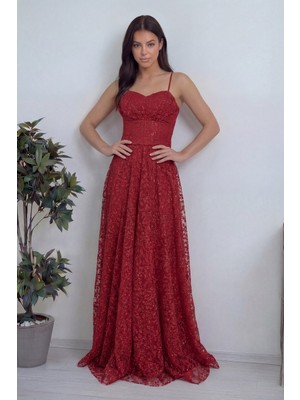 ZKS Grup Tekstil Zks Grup Teksil-Kadın Askılı Transparan Simli Dantelli Abiye Elbise Kırmızı,siyah,beyaz