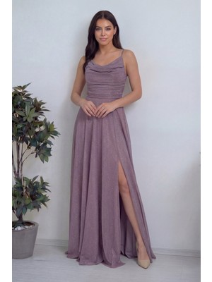 Zks Grup Tekstil-Kadın Askılı Ön Drapeli Yırtmaçlı Simli Abiye Elbise Mürdüm, Lila, Beyaz,siyah