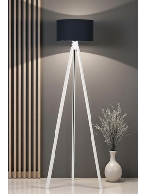 Allians Modern Ahşap Gövdeli Beyaz Ayaklı Siyah Başlıklı Lambader