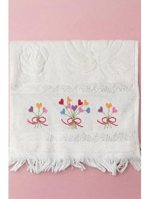 Vipfoni Çeyizlik Elde Işlemeli Kadife Etamin Mutfak El ve Fırın Havlusu Kalp Buketi