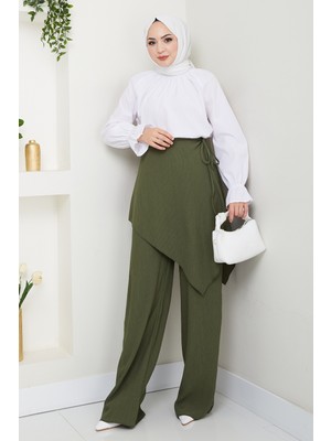 inStyle Çapraz Bağlama Detaylı Haki Krep Pantolon