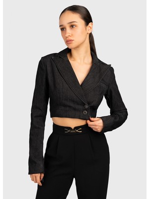 Liu Jo Kadın Uzun Kollu V Yaka Crop Boy Siyah Ceket UF3075D4836-88000