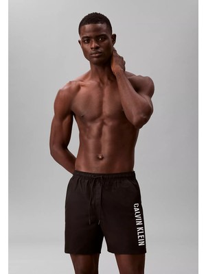 Calvin Klein Erkek Logo Baskılı Hızlı Kuruyan Kumaş Beli Lastikli Siyah Deniz Şortu LV00N61047-UB1