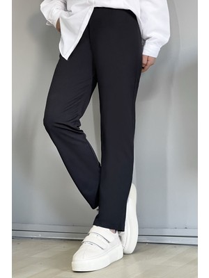 inStyle Kadın Dar Paça Düz Pantolon - Siyah Örme Kumaş ve Lastikli Bel Özelliği ile Konfor