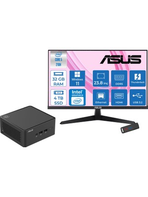 Asus Nuc 15 Pro Tall Kit Intel Core 5-210H 4.8ghz Up 32GB Ddr5 4tb SSD Intel® Graphics Asus 120Hz IPS 23.8 Fhd Mon. WIN11HOME Mini Barebone Masaüstü Bilgisayar RNUC15CRHC50000223H15+ZETTAUSBBELLEK