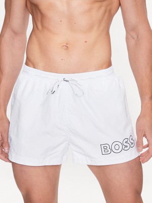 Erkek Boss Yazı Desen Bel Bağlamalı Kısa Boy Beyaz Mayo 50469280-100