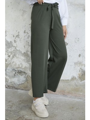 inStyle Beli Kuşaklı Bol Scuba Pantolon Koyu Haki Renkli %100 Polyester Konforlu Tasarım