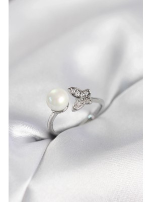 Alvo Store Buğz Kelebek Incili Model Gümüş Renk Zirkon Taşlı Kadın Yüzük