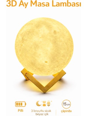 Allians 15 cm 3D Ay Gece Lambası Pilli Ahşap Standlı Dekoratif Masa Lambası