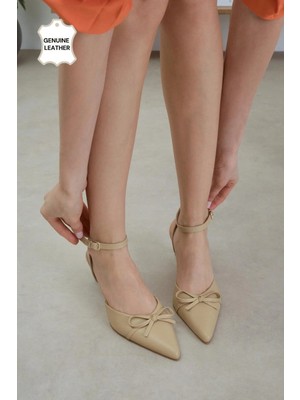 Mio Gusto Bethany Hakiki Deri Ten Rengi Fiyonklu Kadın Topuklu Ayakkabı