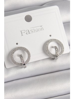 Pazarcan Pirinç Gümüş Renk Zirkon Taşlı Halka Model Kadın Küpe