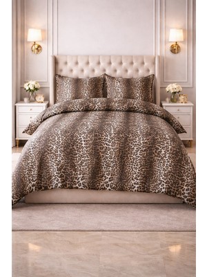 Vionetta Pamuklu Ranforce Leopar Lastikli Çarşaflı 4 Yastıklı Çift Kişilik Nevresim Takımı