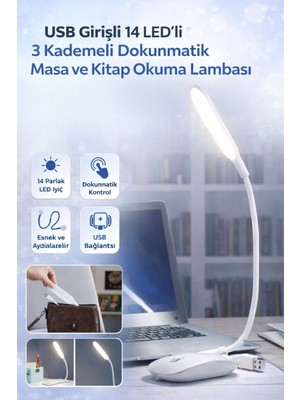 Allians Esnek USB LED Masa ve Kitap Okuma Lambası, 3 Kademeli Dokunmatik Beyaz