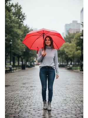 Rubenis Kırmızı Baston Şemsiye Orjinal Ahşap Sap Lüx Şemsiye
