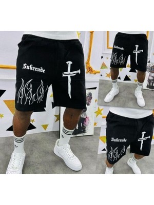 Punix Punıx Büyük Beden Alev  Baskılı Ter Tutmayan Pamuk Dokuma Erkek Battal Şort