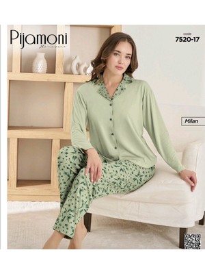 Pijamoni Önü Düğmeli Milan Kumaş Pijama Takımı