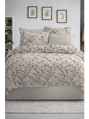 Vionetta Pamuklu Ranforce Lastikli Çarşafl 4 Yastıklı Çift Kişilik Nevresim Takımı Sakura Kahve