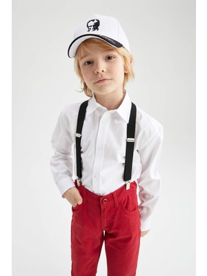 DeFacto Erkek Çocuk Uzun Kollu Beyaz Gömlek Günlük Stil Renkblok Desenli Keten Görünümlü