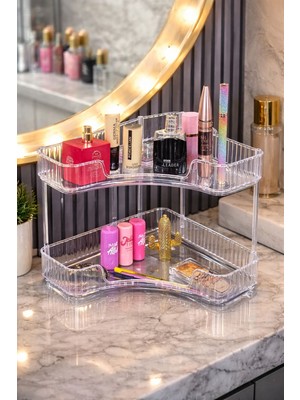 2 Katlı Köşe Makyaj Organizer Kozmetik Düzenleyici Masaüstü Banyo Mutfak Düzenleyici Organizer Raf