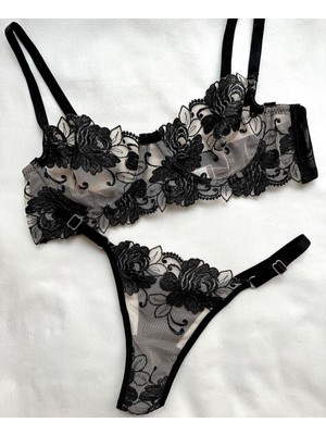Feenia Blackrose Siyah Çiçek Işlemeli Sütyen Takım