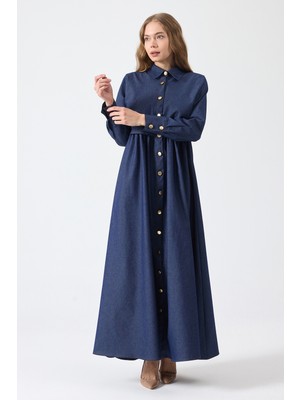 Vavinor Önü Düğmeli Denim Elbise - Mavi