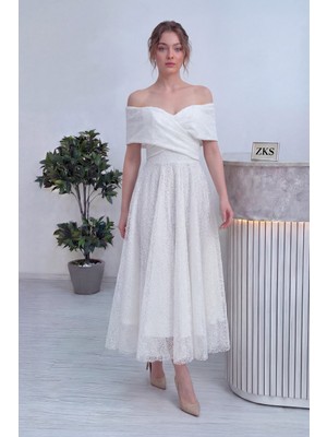 The Zks-Kadın Düşük Omuz Pullu Midi Boy Abiye Elbise Saks, Beyaz,siyah, Kırmızı