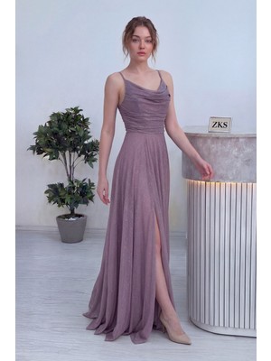 The Zks-Kadın Askılı Ön Drapeli Yırtmaçlı Simli Abiye Elbise Mürdüm, Lila, Beyaz,siyah