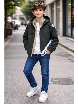 Bubiee Baby Erkek Çocuk Haki Ceketli Bej Yelekli 4'lü Kombin Denim Pantolonlu Takım