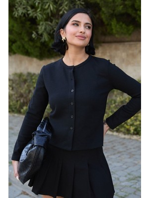 inStyle Basic Düğmeli Siyah Waffle Hırka