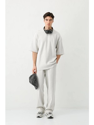 Vamos Kısa Kollu Yıkamalı Oversize Tişört Açık Gri