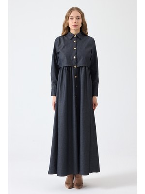 Vavinor Önü Düğmeli Denim Elbise - Gri
