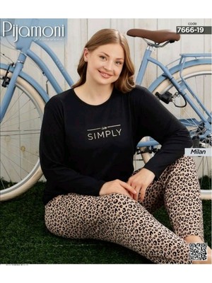 Pijamoni Milan Kumaş Büyük Beden Uzun Kollu Pijama Takımı