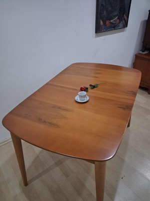 Bengi Ankara Mobilya Masa Oval 90642 Retro Ayak Model Kayın Retro Açılır Parlak Açık Ceviz Tabla El Yapım