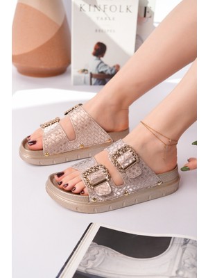 Muggo Glitza Parlak Dokulu Çift Tokalı Günlük Kadın Terlik