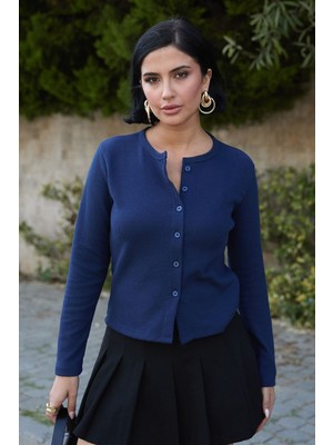 inStyle Basic Düğmeli Lacivert Waffle Hırka