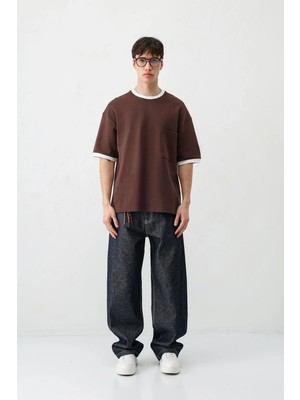 Vamos Kısa Kollu Oversize Cepli Tişört Kahve