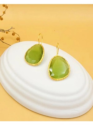 Nevoka Su Yeşili Kedi Gözü Sıvama Altın Kaplama Büyük Köşeli Oval Küpe