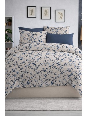 Vionetta Pamuklu Ranforce Lastikli Çarşaflı  4yastıklı Çift Kişilik Nevresim Takımı Sakura Indigo