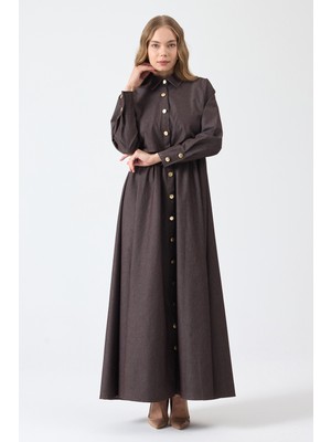 Vavinor Önü Düğmeli Denim Elbise - Kahve