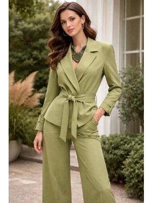 Ayshan Açık Yeşil Kemerli Ceket ve Bol Paça Pantolon Takımı