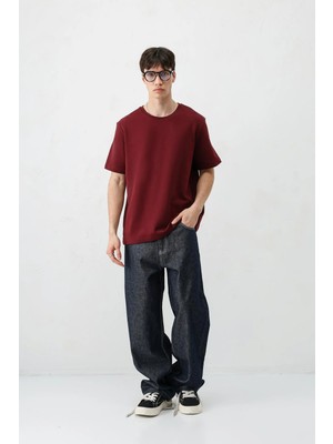 Vamos Kısa Kollu Boxy Fit Tişört Bordo
