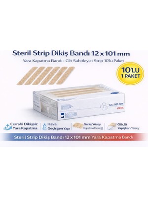 urfakent bilişim ve medya danışmanlık Steril Strip Dikiş Bandı 12 x 101 mm Yara Kapatma Bandı Cilt Sabitleyici Strip 10’lu Paket