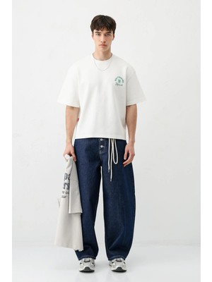 Vamos Kısa Kollu Boxy Fit Baskılı Tişört Ekru