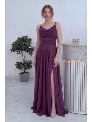 The Zks-Kadın Askılı Ön Drapeli Yırtmaçlı Simli Abiye Elbise Mürdüm, Lila, Beyaz,siyah